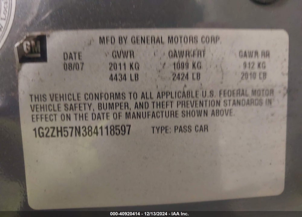2008 PONTIAC G6 GT VIN: 1G2ZH57N384118597