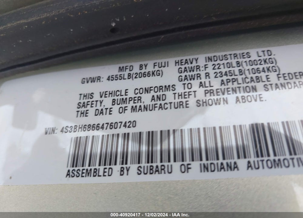 2004 SUBARU OUTBACK LIMITED VIN: 4S3BH686647607420