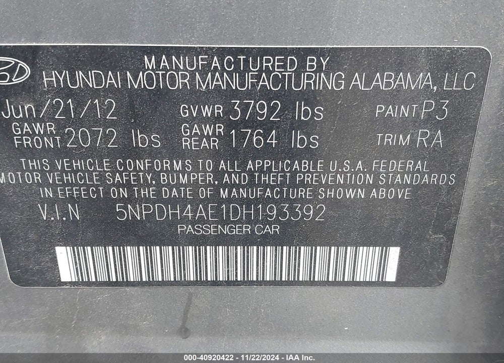 2013 HYUNDAI ELANTRA GLS VIN: 5NPDH4AE1DH193392