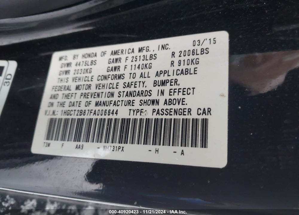 2015 HONDA ACCORD EX-L V-6 VIN: 1HGCT2B87FA006644