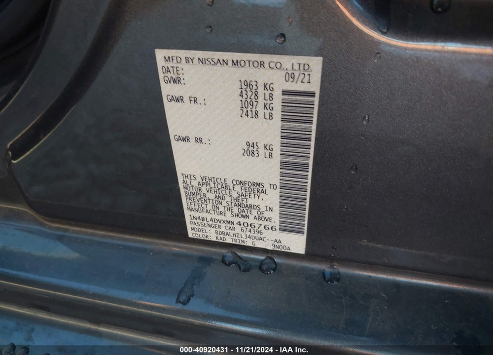 2021 NISSAN ALTIMA SV FWD VIN: 1N4BL4DVXMN406766