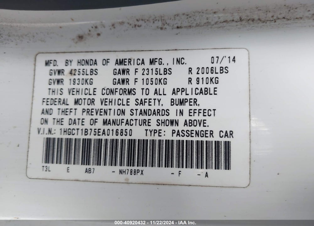 2014 HONDA ACCORD EX VIN: 1HGCT1B75EA016850
