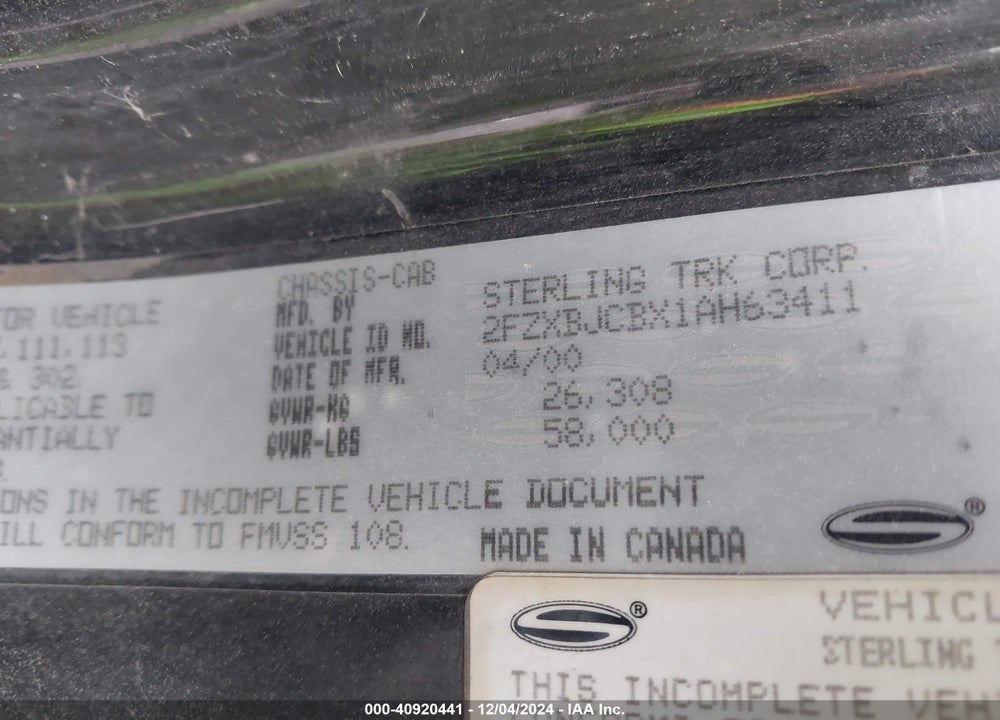 2001 STERLING TRUCK LT VIN: 2FZXBJCBX1AH63411