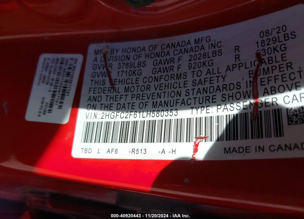 2020 HONDA CIVIC VIN: 2HGFC2F61LH580353