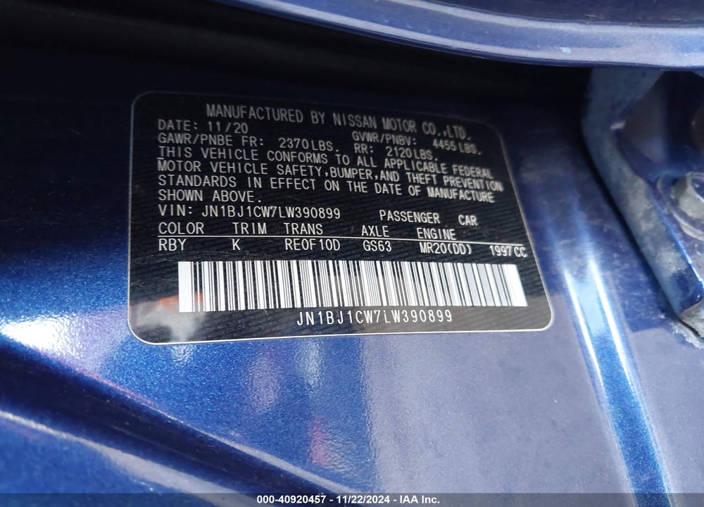 2020 NISSAN ROGUE SPORT SL AWD XTRONIC CVT VIN: JN1BJ1CW7LW390899
