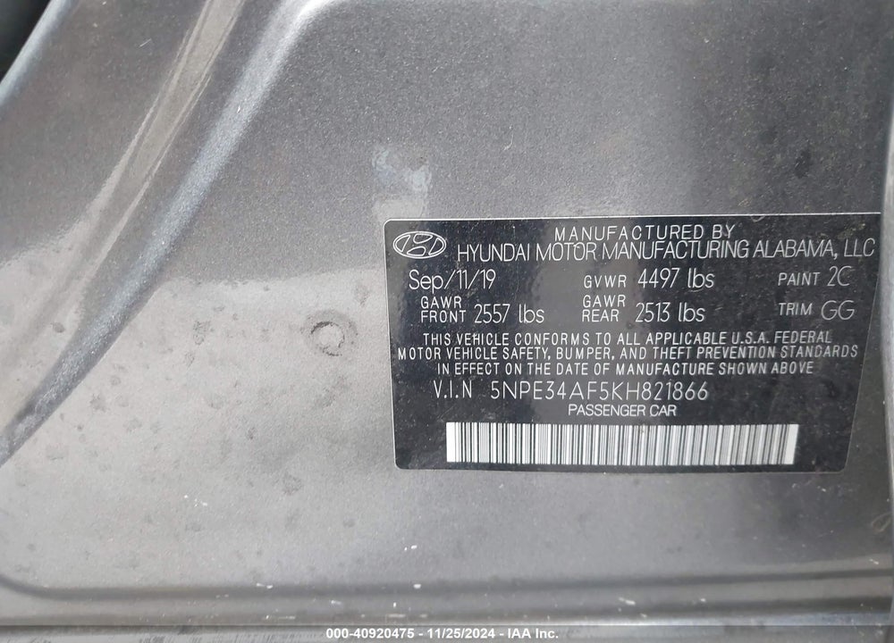 2019 HYUNDAI SONATA VIN: 5NPE34AF5KH821866