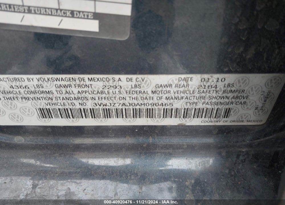 2010 VOLKSWAGEN JETTA S VIN: 3VWJZ7AJ0AM090465