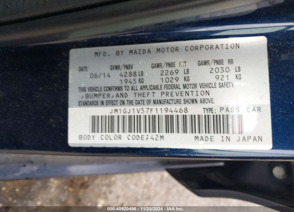 2015 MAZDA 6 I TOURING VIN: JM1GJ1V57F1194468