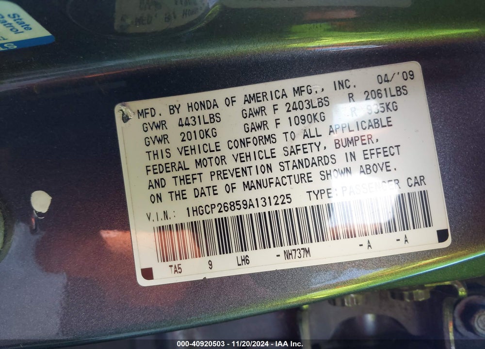 2009 HONDA ACCORD 2.4 EX-L VIN: 1HGCP26859A131225