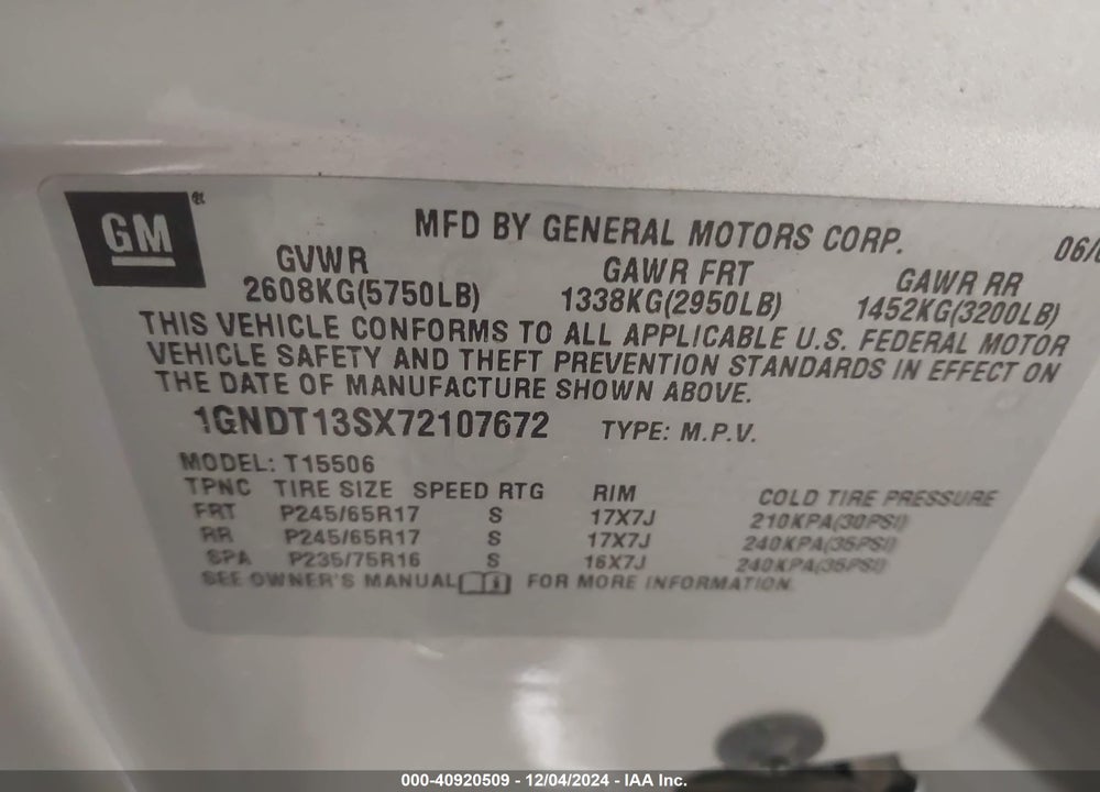 2007 CHEVROLET TRAILBLAZER LT VIN: 1GNDT13SX72107672