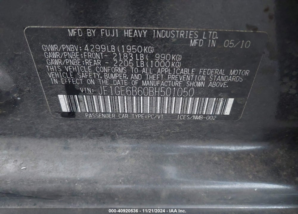 2011 SUBARU IMPREZA 2.5I PREMIUM VIN: JF1GE6B60BH501050