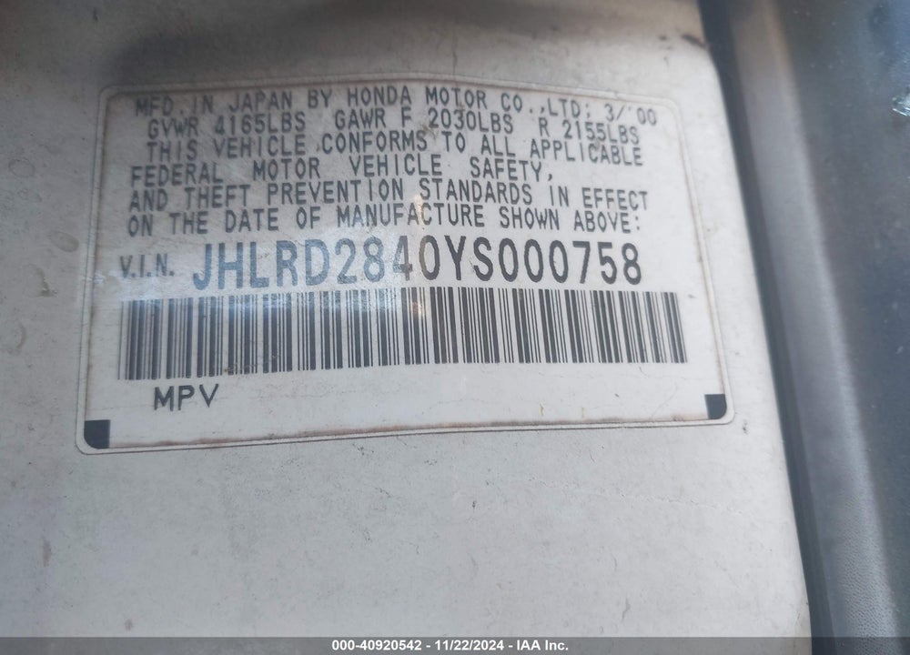 2000 HONDA CR-V LX VIN: JHLRD2840YS000758