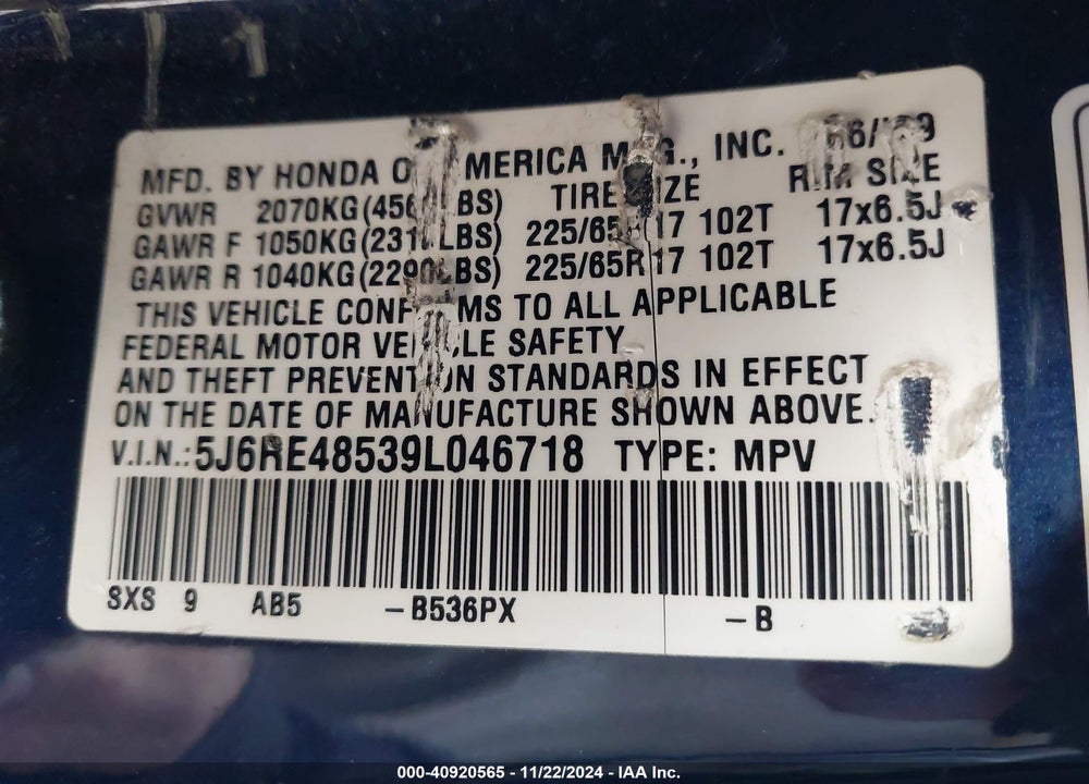 2009 HONDA CR-V EX VIN: 5J6RE48539L046718