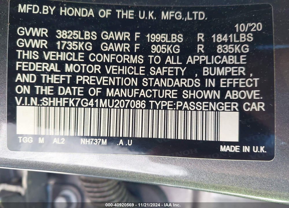 2021 HONDA CIVIC SPORT VIN: SHHFK7G41MU207086