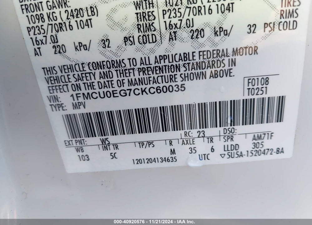 2012 FORD ESCAPE LIMITED VIN: 1FMCU0EG7CKC60035