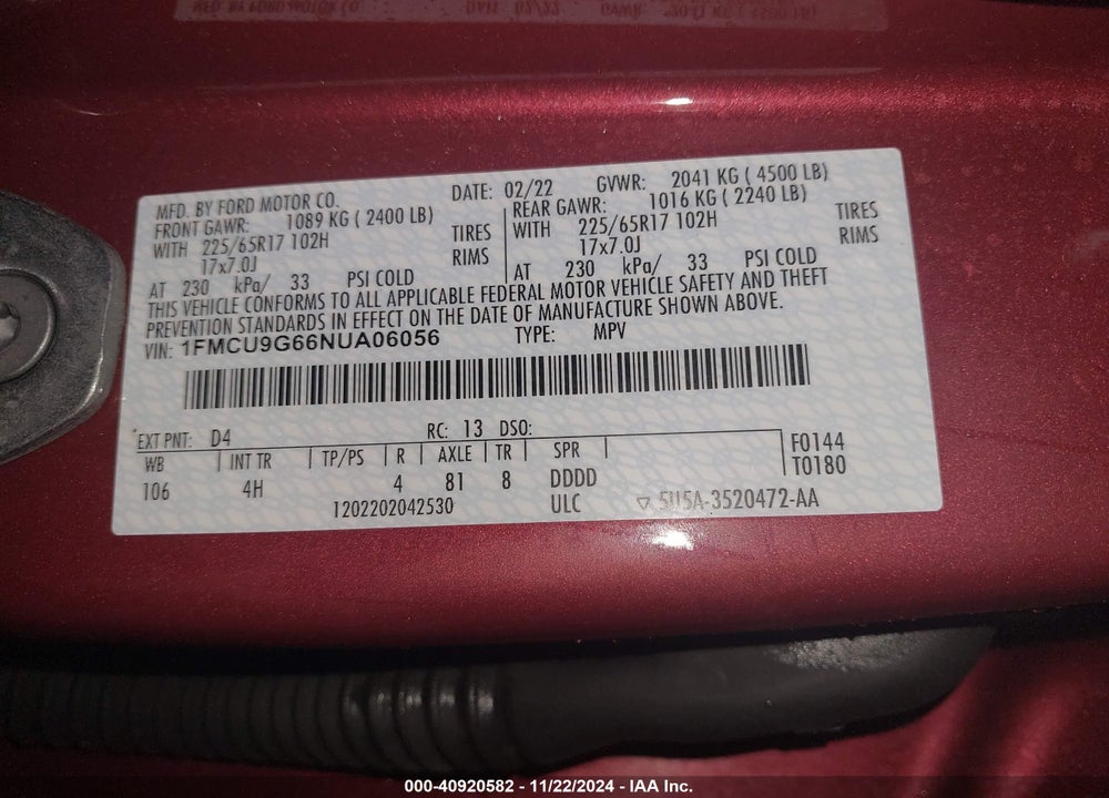 2022 FORD ESCAPE SE VIN: 1FMCU9G66NUA06056