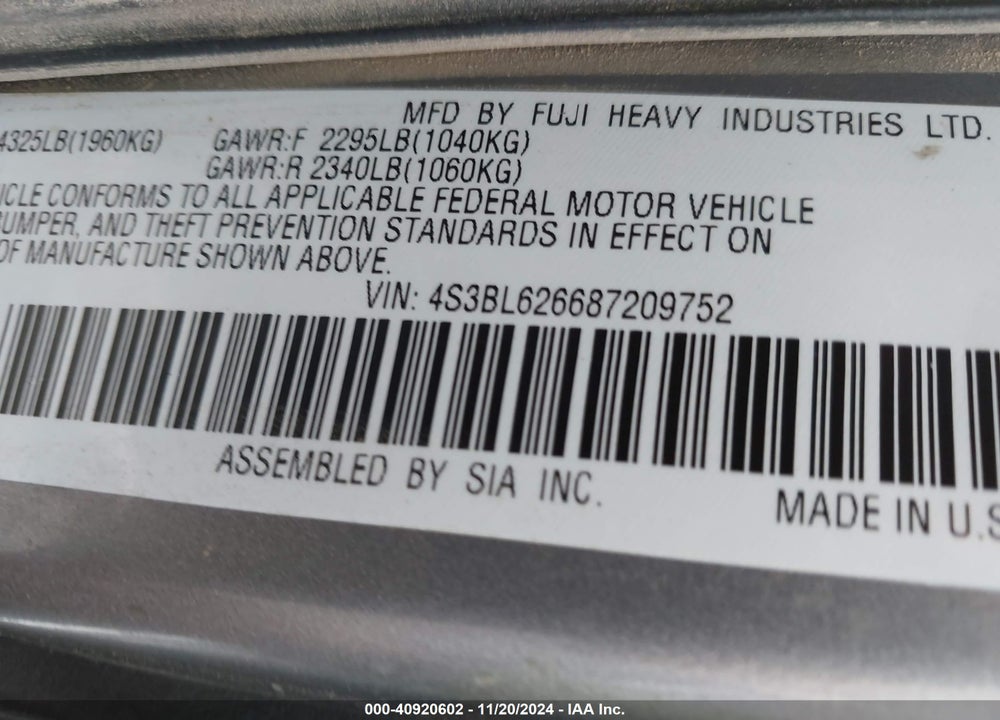 2008 SUBARU LEGACY 2.5I LIMITED VIN: 4S3BL626687209752