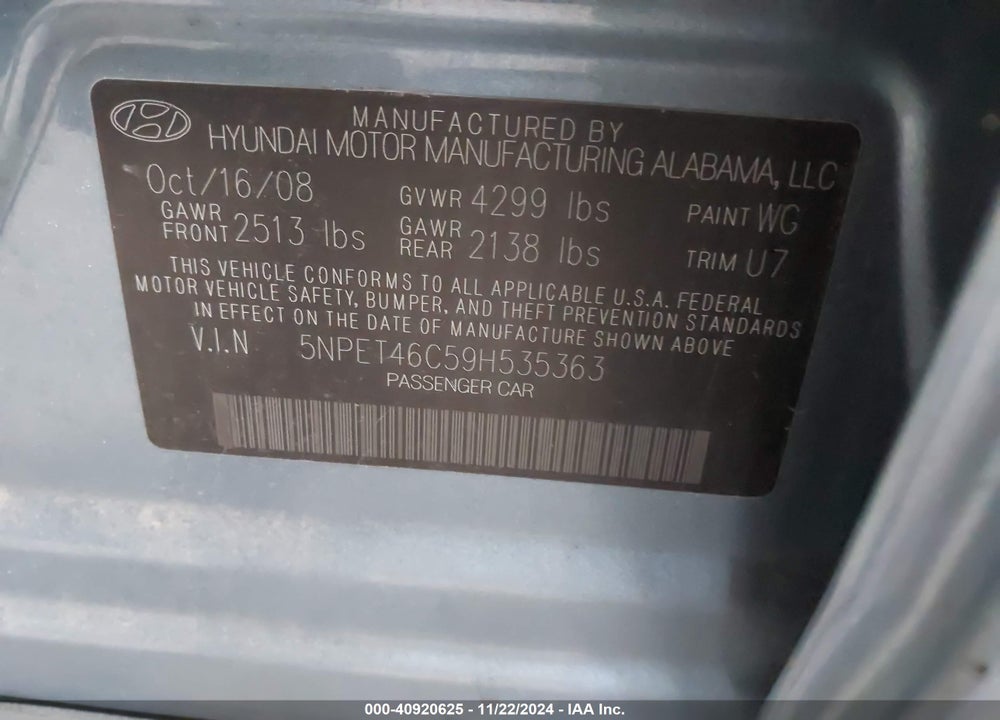 2009 HYUNDAI SONATA GLS VIN: 5NPET46C59H535363