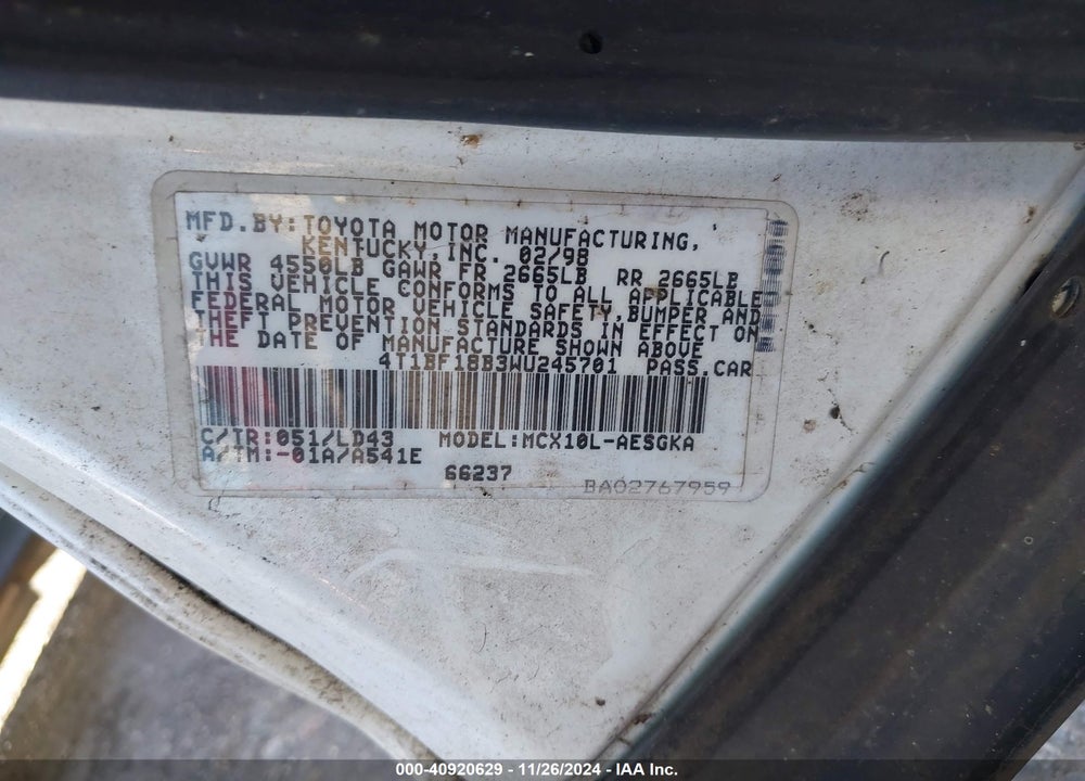 1998 TOYOTA AVALON XLS VIN: 4T1BF18B3WU245701