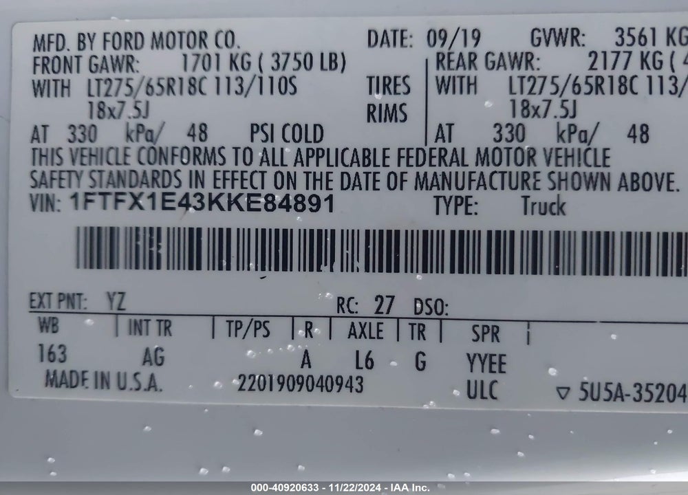 2019 FORD F-150 XL VIN: 1FTFX1E43KKE84891