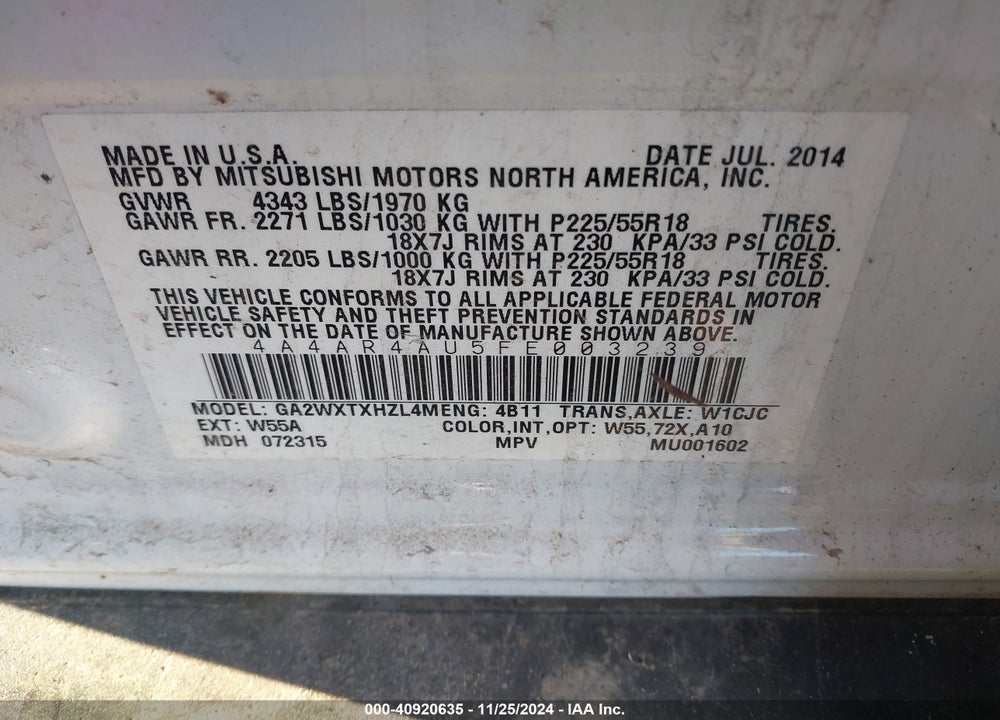 2015 MITSUBISHI OUTLANDER SPORT SE VIN: 4A4AR4AU5FE003239