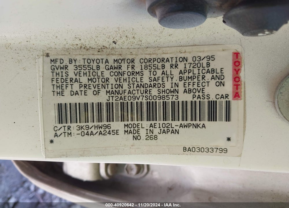 1995 TOYOTA COROLLA DX VIN: JT2AE09V7S0098573