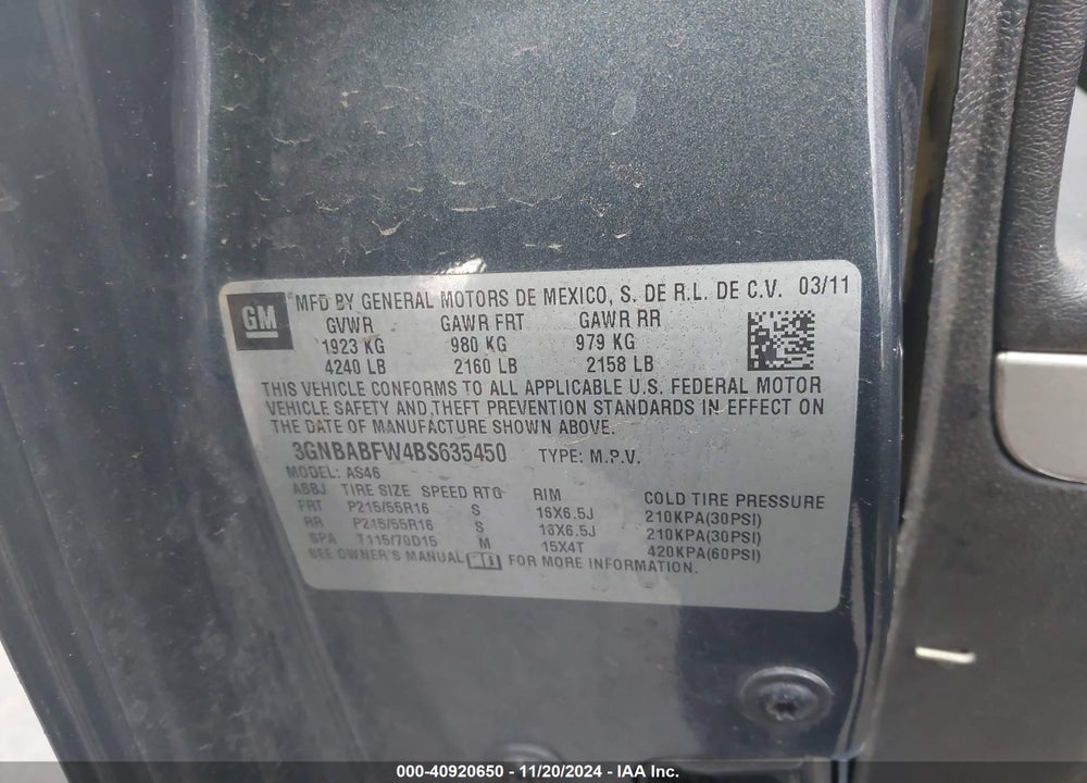 2011 CHEVROLET HHR LT VIN: 3GNBABFW4BS635450
