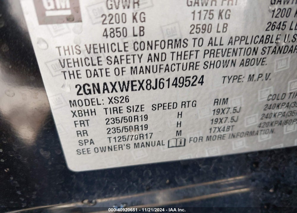 2018 CHEVROLET EQUINOX PREMIER VIN: 2GNAXWEX8J6149524