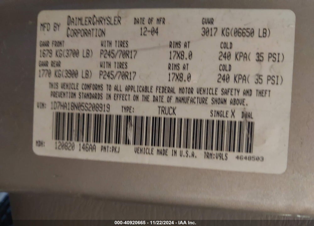 2005 DODGE RAM 1500 SLT/LARAMIE VIN: 1D7HA18N05S208919
