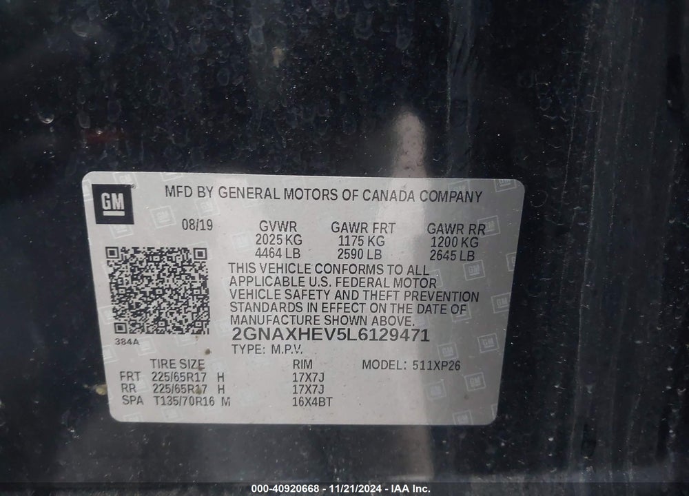 2020 CHEVROLET EQUINOX FWD LS VIN: 2GNAXHEV5L6129471