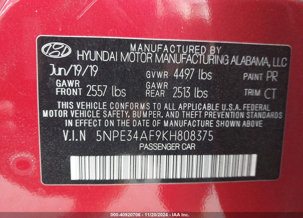 2019 HYUNDAI SONATA SPORT VIN: 5NPE34AF9KH808375