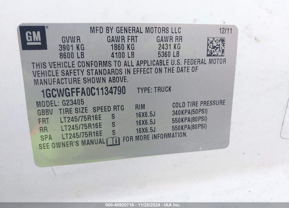 2012 CHEVROLET EXPRESS 2500 WORK VAN VIN: 1GCWGFFA0C1134790