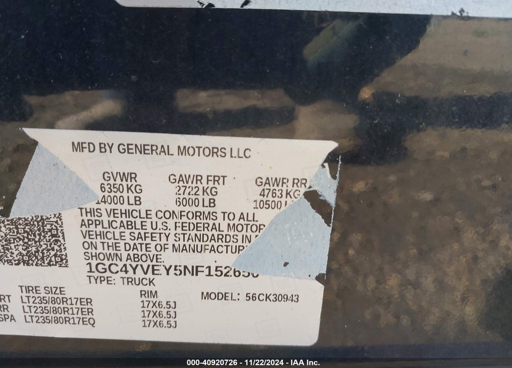 2022 CHEVROLET SILVERADO 3500HD 4WD  LONG BED HIGH COUNTRY VIN: 1GC4YVEY5NF152656