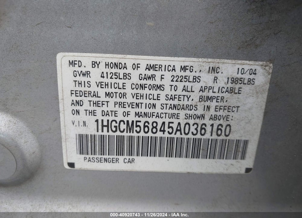 2005 HONDA ACCORD 2.4 EX VIN: 1HGCM56845A036160