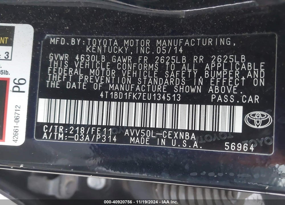2014 TOYOTA CAMRY HYBRID LE VIN: 4T1BD1FK7EU134513