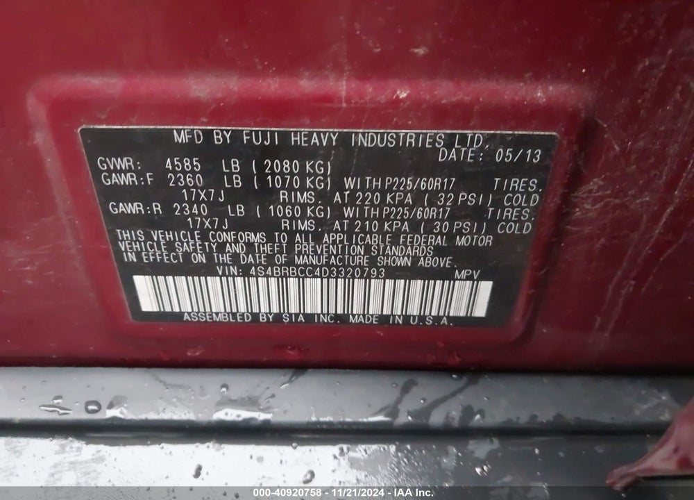 2013 SUBARU OUTBACK 2.5I PREMIUM VIN: 4S4BRBCC4D3320793