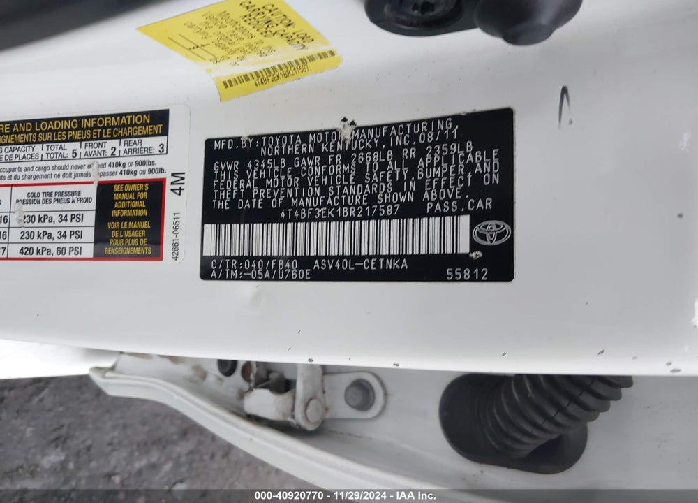 2011 TOYOTA CAMRY LE VIN: 4T4BF3EK1BR217587