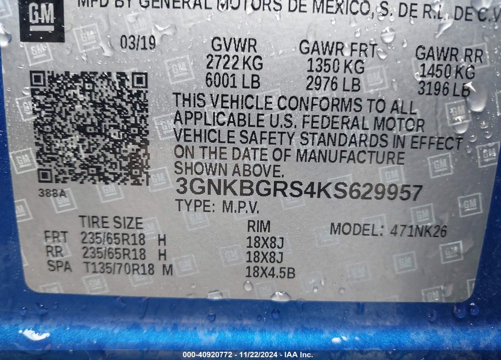 2019 CHEVROLET BLAZER VIN: 3GNKBGRS4KS629957