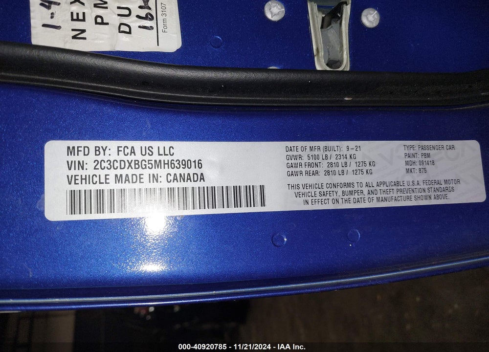 2021 DODGE CHARGER SXT RWD VIN: 2C3CDXBG5MH639016
