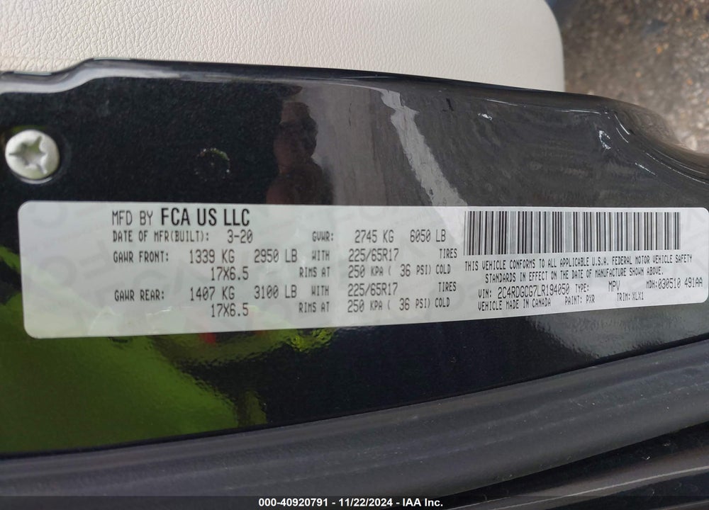 2020 DODGE GRAND CARAVAN SXT VIN: 2C4RDGCG7LR194050