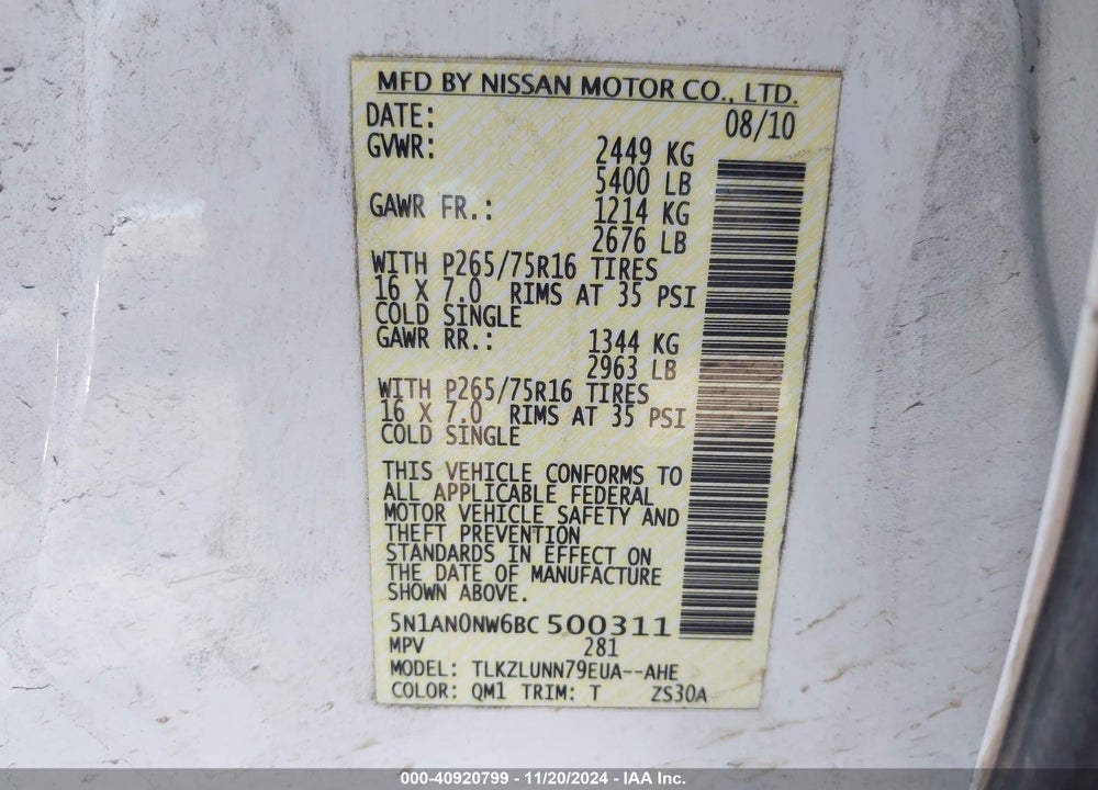 2011 NISSAN XTERRA PRO - 4X VIN: 5N1AN0NW6BC500311