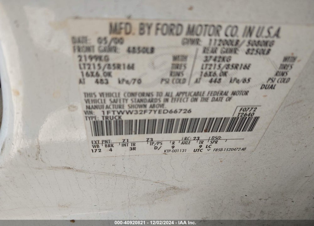 2000 FORD F-350 LARIAT/XL/XLT VIN: 1FTWW32F7YED66726