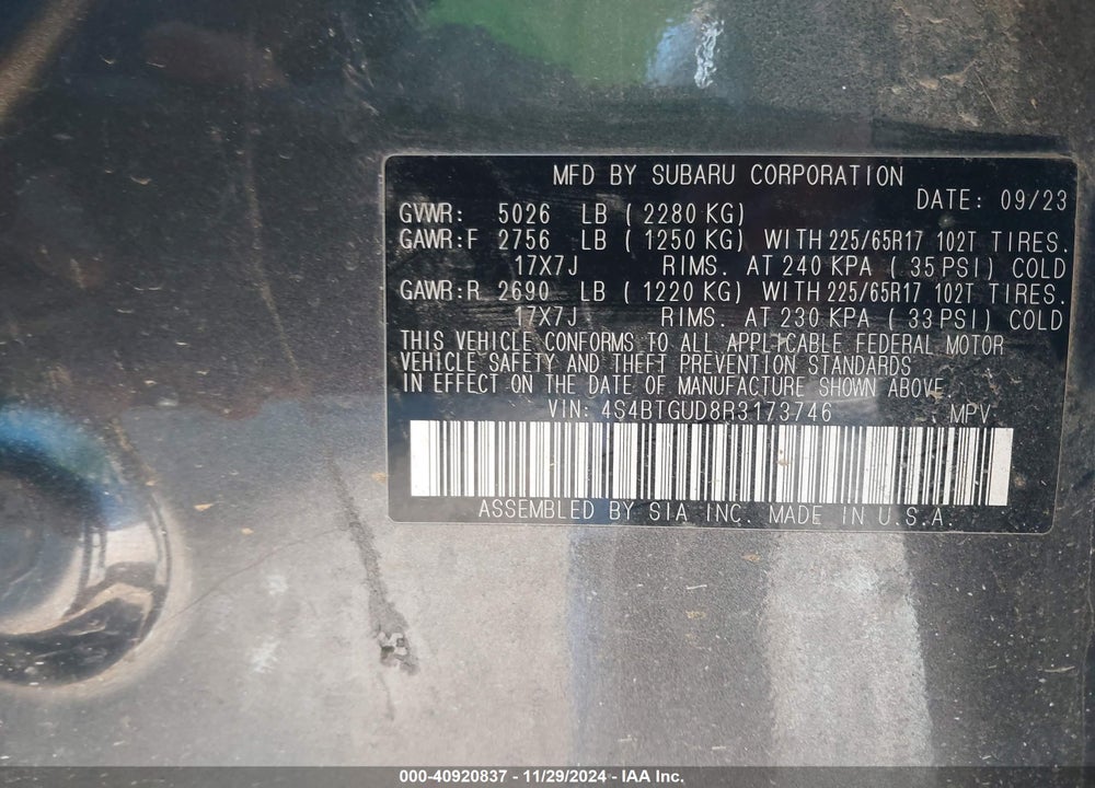 2024 SUBARU OUTBACK WILDERNESS VIN: 4S4BTGUD8R3173746