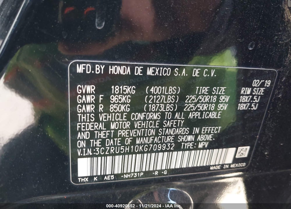 2019 HONDA HR-V SPORT VIN: 3CZRU5H10KG709932