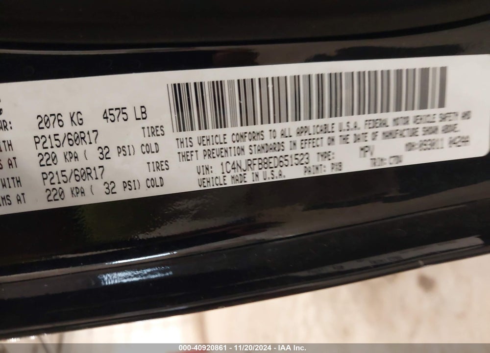 2014 JEEP PATRIOT LATITUDE VIN: 1C4NJRFB8ED651523