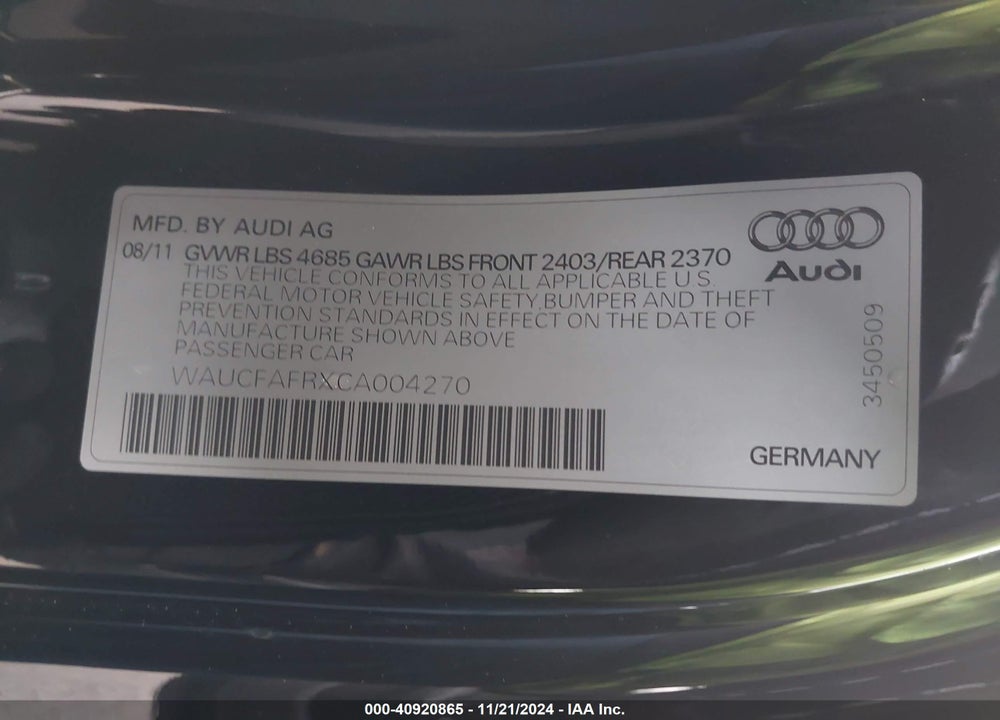 2012 AUDI A5 2.0T PREMIUM VIN: WAUCFAFRXCA004270