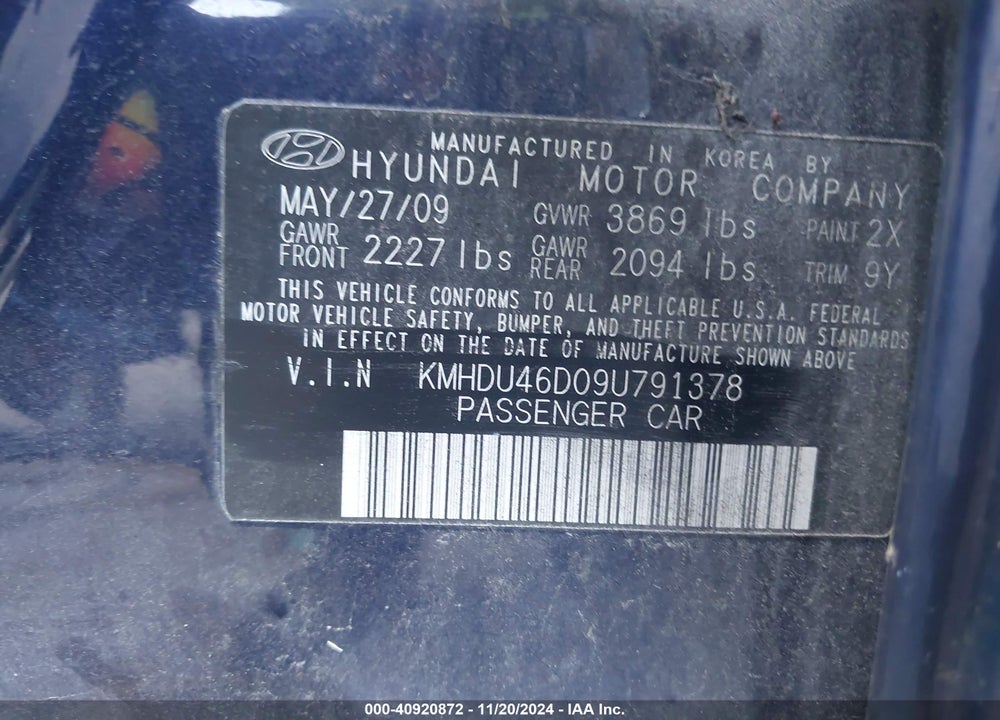 2009 HYUNDAI ELANTRA GLS VIN: KMHDU46D09U791378