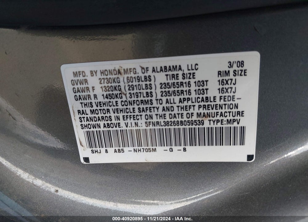 2008 HONDA ODYSSEY LX VIN: 5FNRL38268B059539