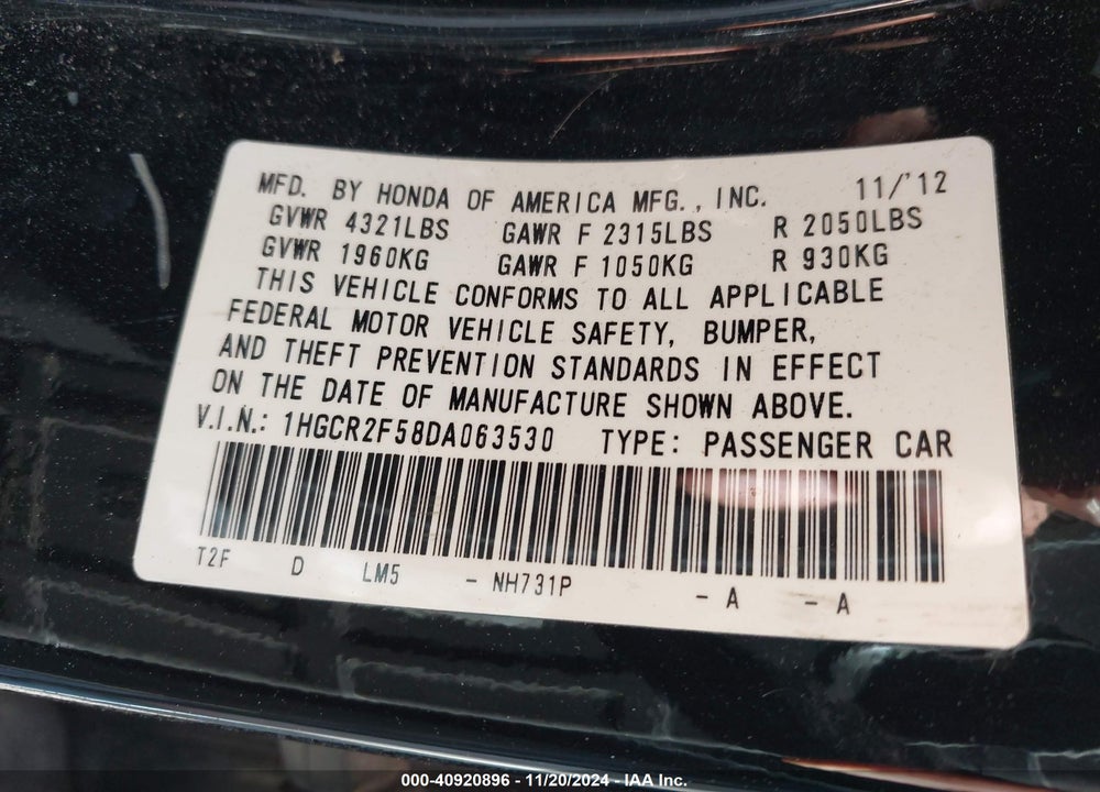 2013 HONDA ACCORD VIN: 1HGCR2F58DA063530