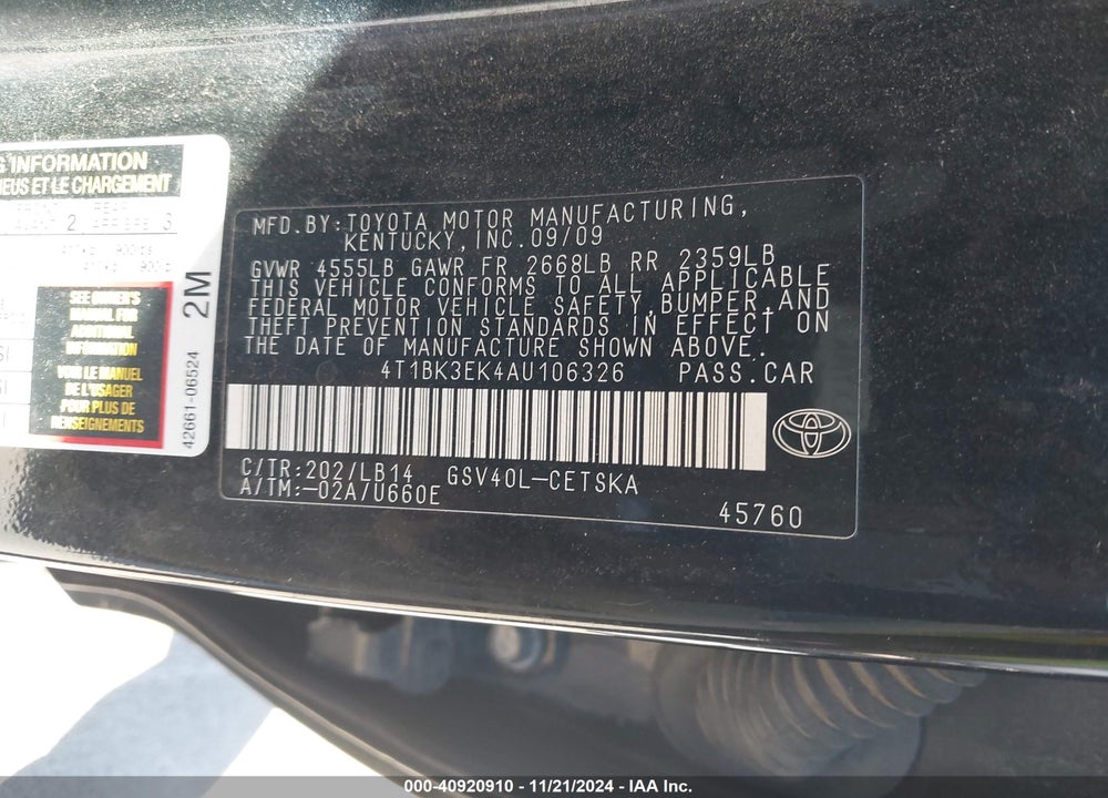2010 TOYOTA CAMRY SE V6 VIN: 4T1BK3EK4AU106326